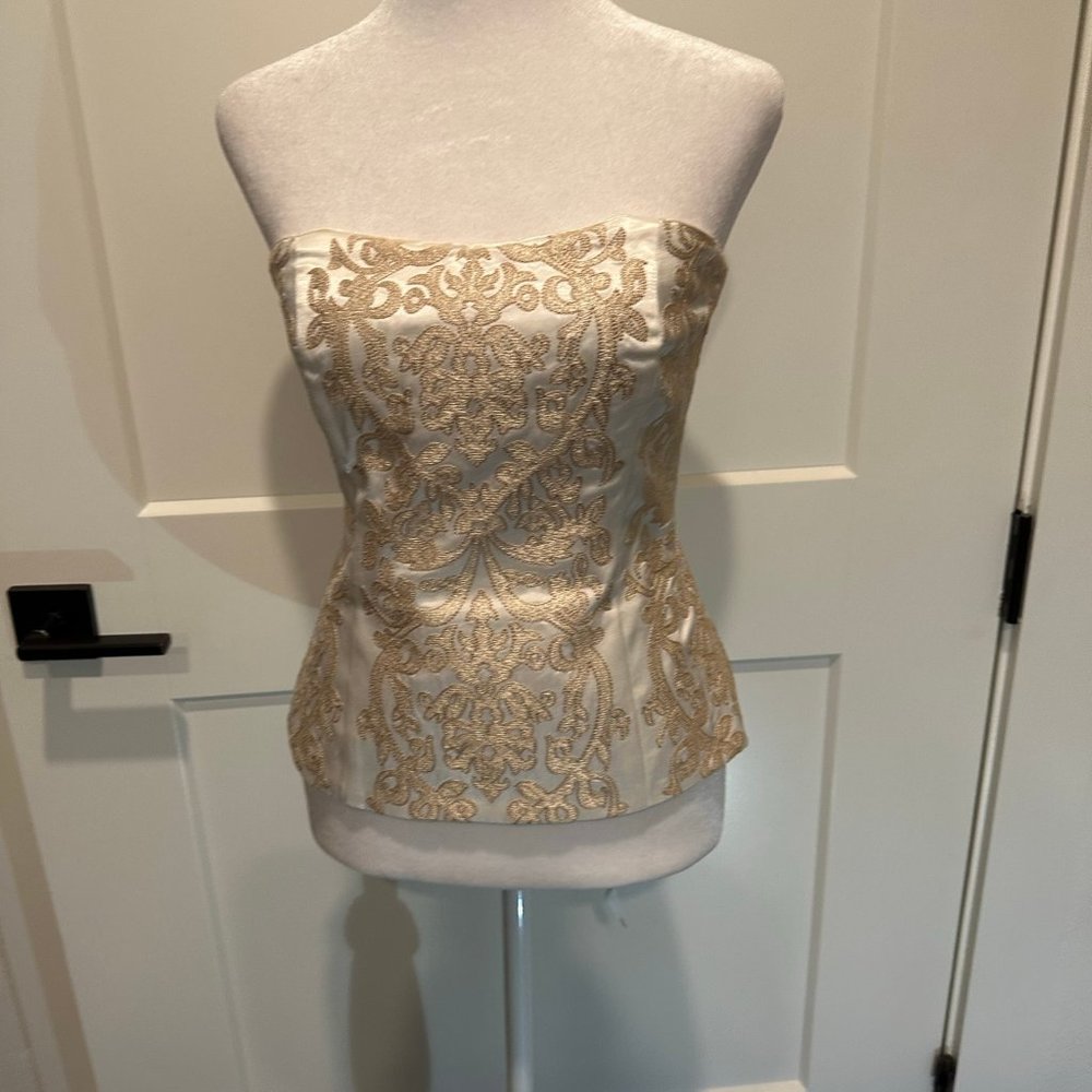 White House Black Market Gold Embroidered Strapless Top